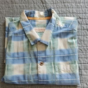 Tommy Bahama Blue, White & Light Green Plaid Short Sleeve Button-Up